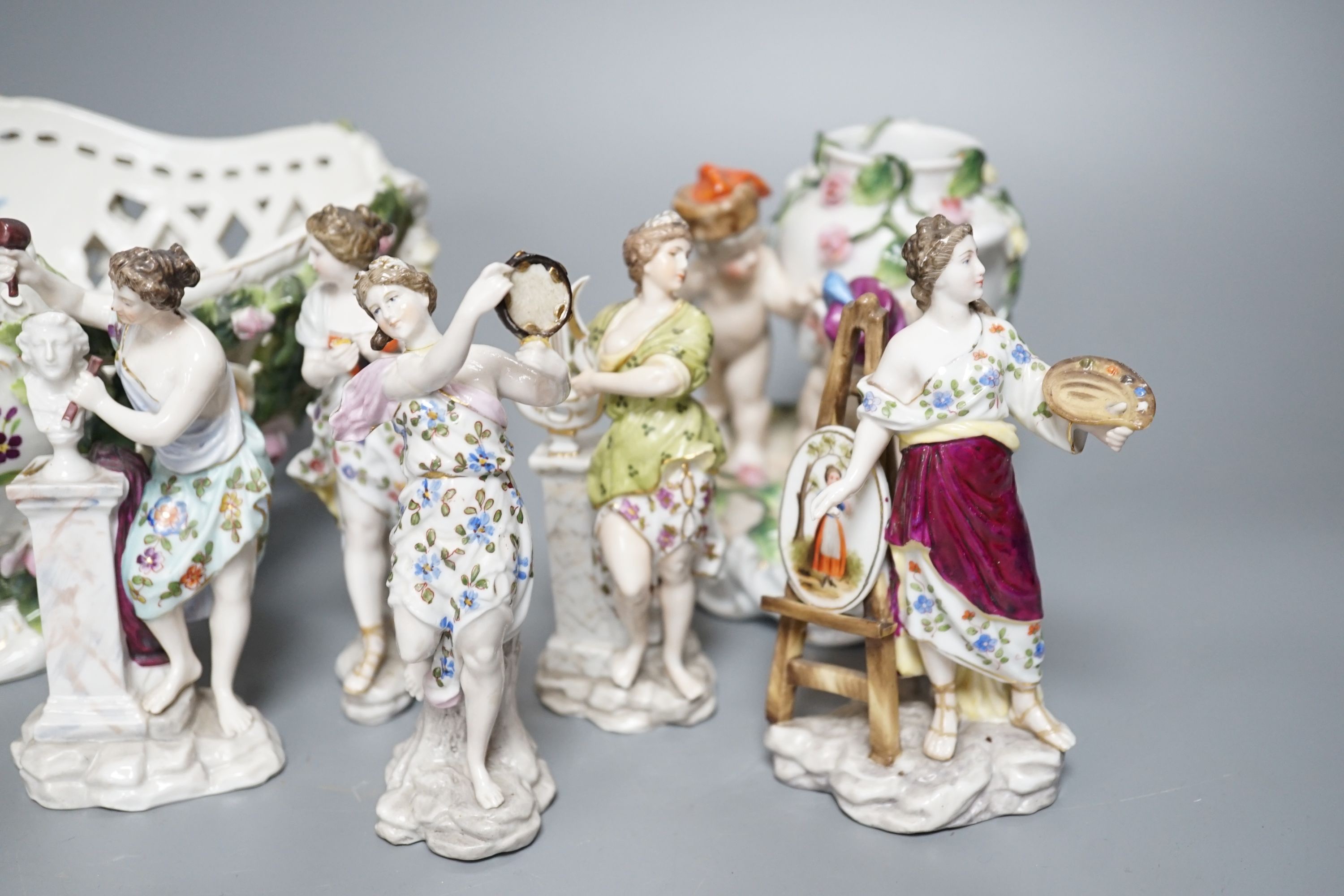 A Sitzendorf porcelain basket, 24cm, Sitzendorf vase and a set of six Volkstedt figures